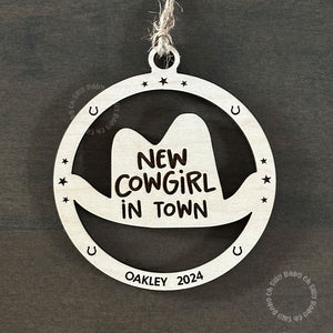 New Cowgirl in Town Personalized Ornament Top View